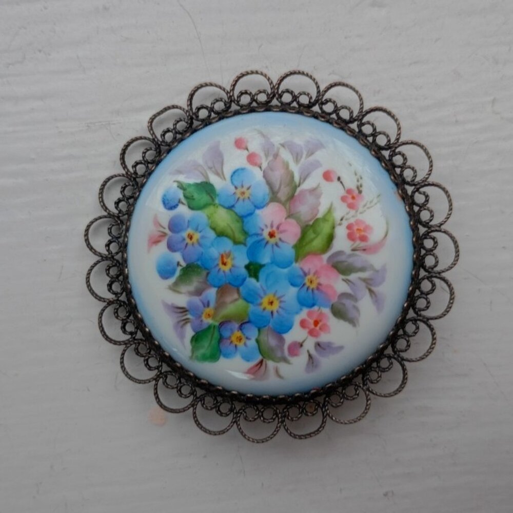 Vintage Russian Finift enamel blue pink floral filigree brooch